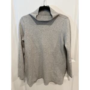 Eileen Fisher White/Gray Stripe Funnel Neck Organic cotton Cashmere Blend